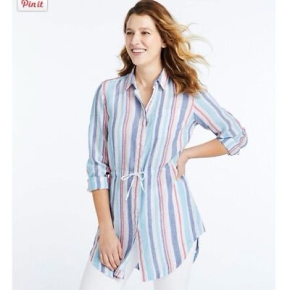 L. L. Bean Linen Striped Button-Up Shirt Dress - Picture 1 of 11